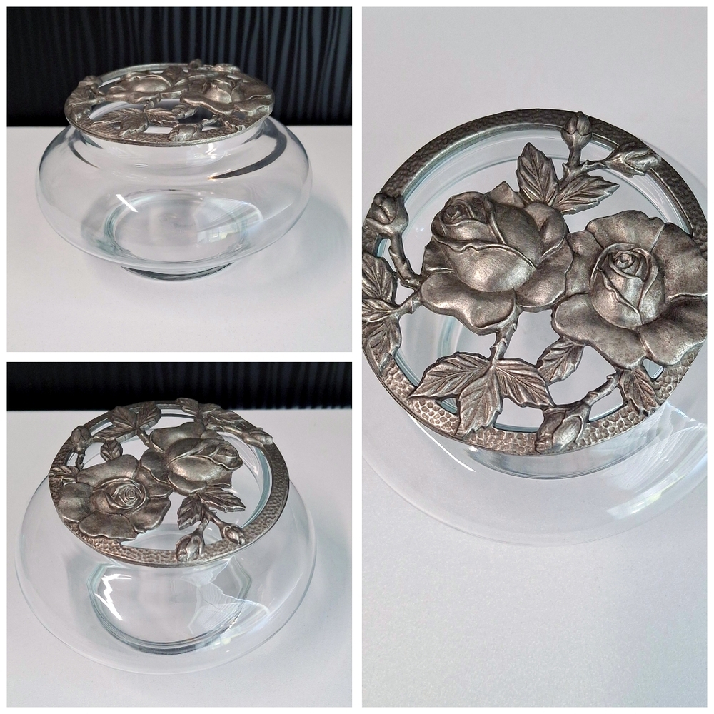 Vintage Pewter Lid POTPOURRI clear glass JAR Rose Design